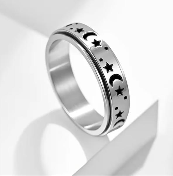 1pc Moon Star Stainless Steel Spinner Ring Size 8