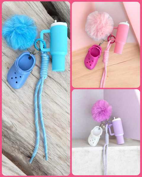 3pcs Tumbler Croc Pom Pom Keychain Set