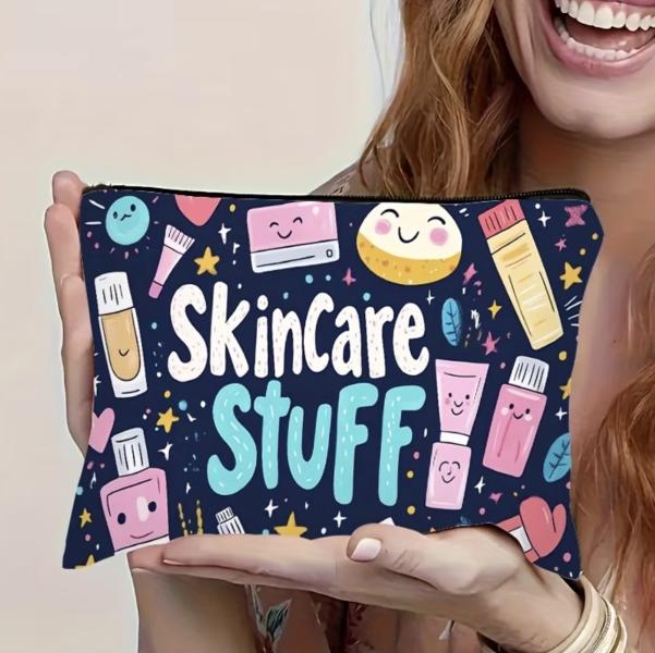 1pc “Skincare Stuff” Cosmetic Bag ~ Blue