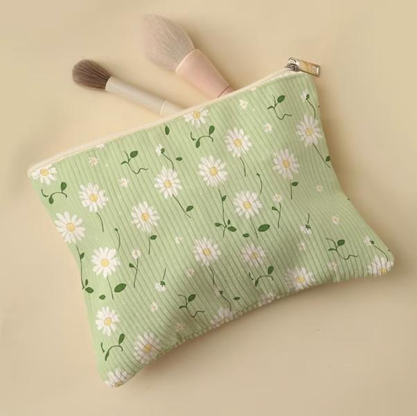 1pc Green Daisy Pattern Cosmetic Bag