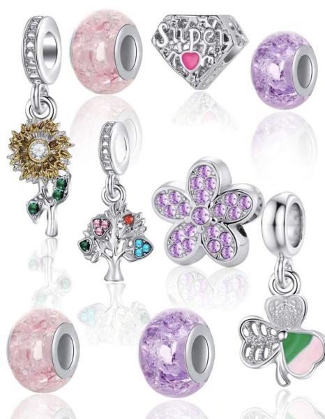 9pcs Purple & Pink 5-Petal Flower Charm Set