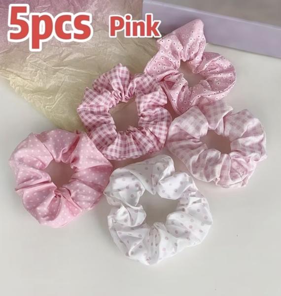 5pcs Pink Plaid Hair Scrunchies 