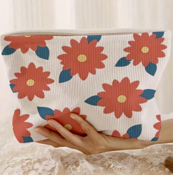 1pc Floral Corduroy Cosmetic Bag