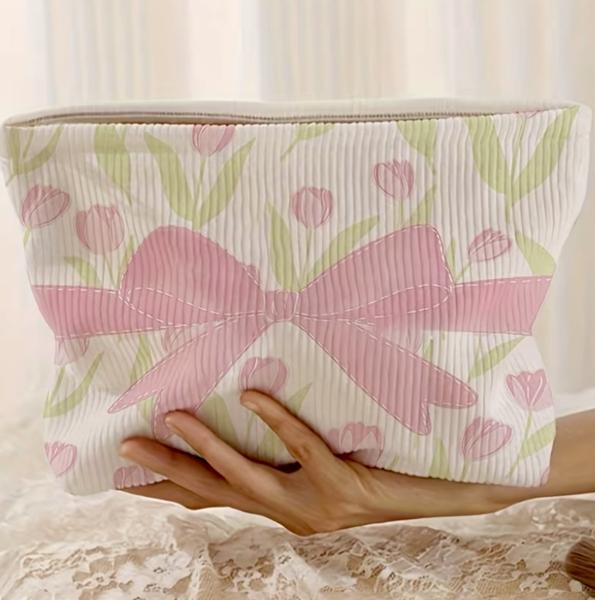 1pc Corduroy Makeup Bag with Pink Bow 