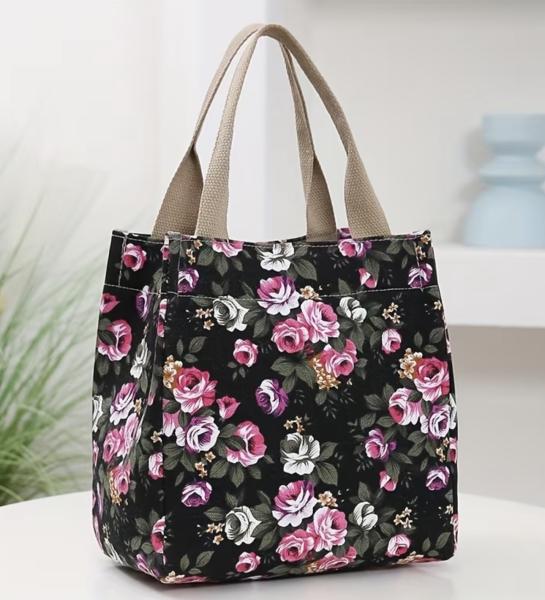 1pc Floral Design Tote Bag ~ Black