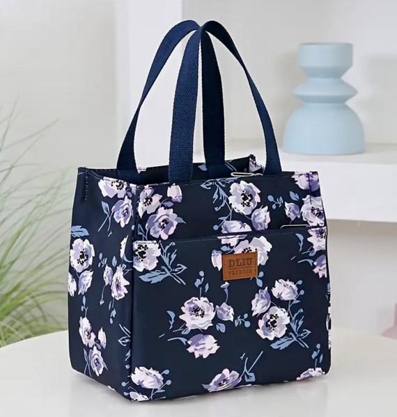 1pc Blue Floral Large Capacity Lunch Bag