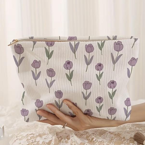 1pc Purple Tulip Corduroy Cosmetic Bag