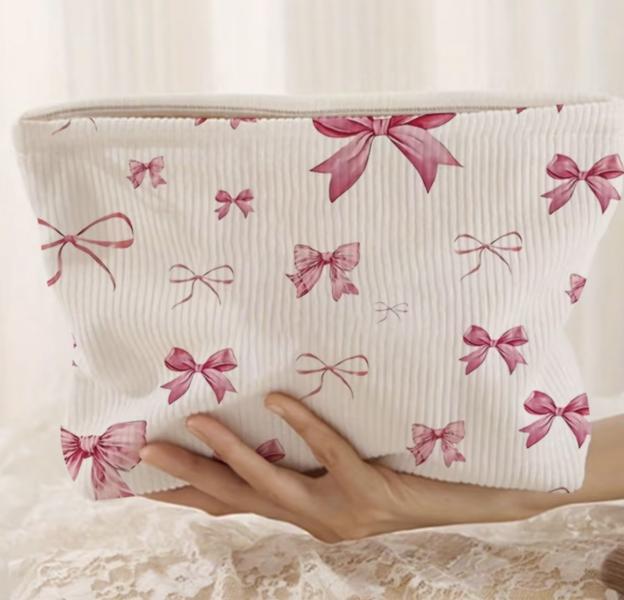1pc Pink Hand-Painted Bow Cosmetic Bag