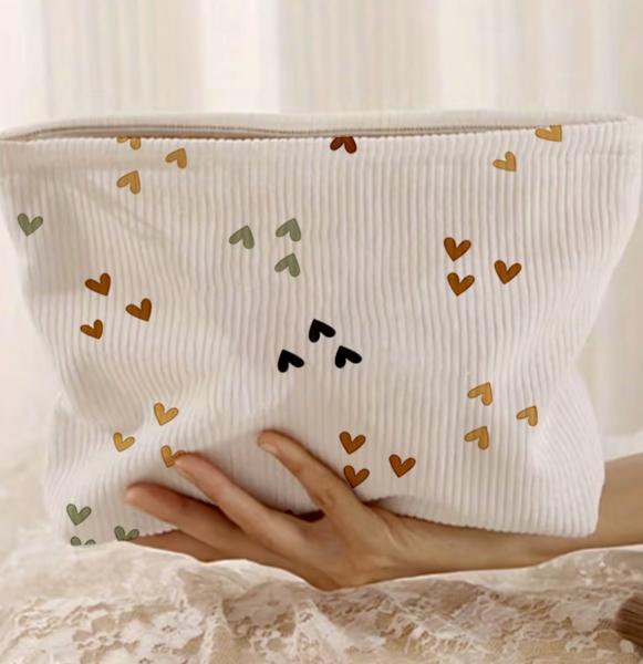 1pc Heart Print Corduroy Cosmetic Bag