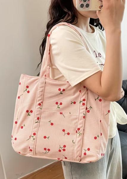 Chic Pink Cherry 🍒 Corduroy Tote Bag