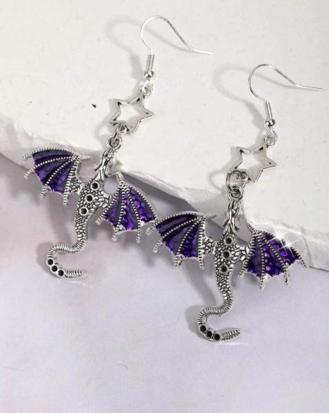 1 Pair Gothic Style Dragon Earrings ~ Purple