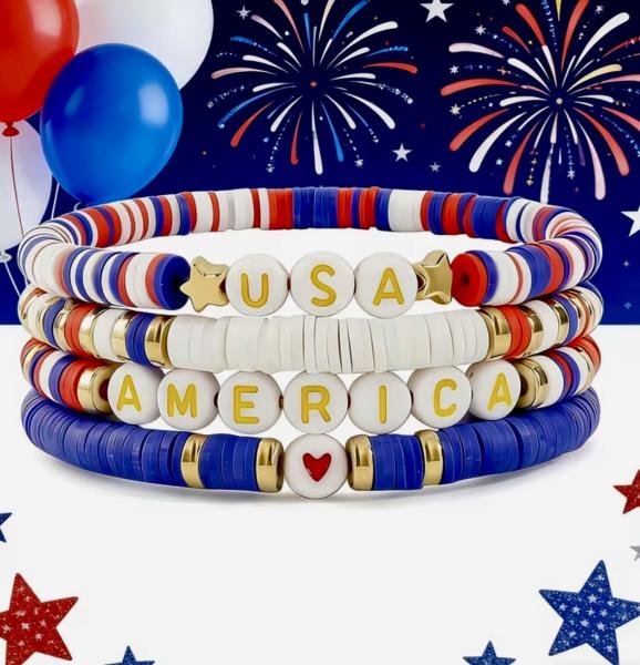 4pcs USA Patriotic Beaded Bracelet Set