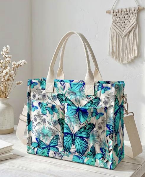 Butterfly Pattern 2D Printed Corduroy Tote Bag