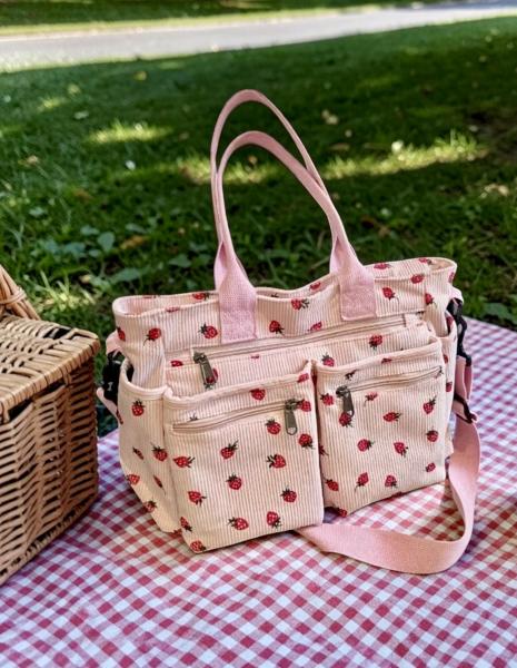 Strawberry 🍓 Pattern 2D Printed Corduroy Tote Bag