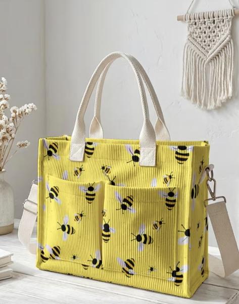Bee Pattern 2D Printed Corduroy Tote Bag