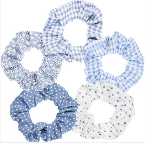 5 Pack Plaid Assorted Blue Hair Scrunches 