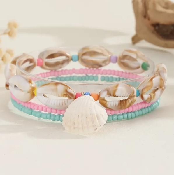 3pcs/Set Pink Blue Beads String Boho Style Anklet