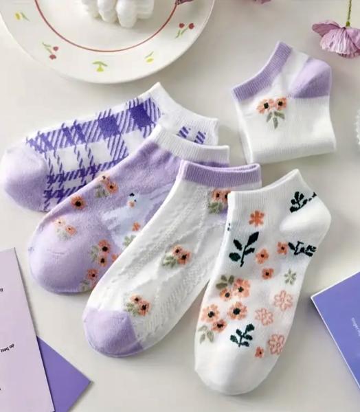 5 Pairs of Vibrant Floral Print Short Socks 
