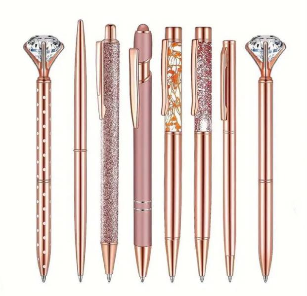 8pcs Rose Golden Diamond Crystal Pens Set