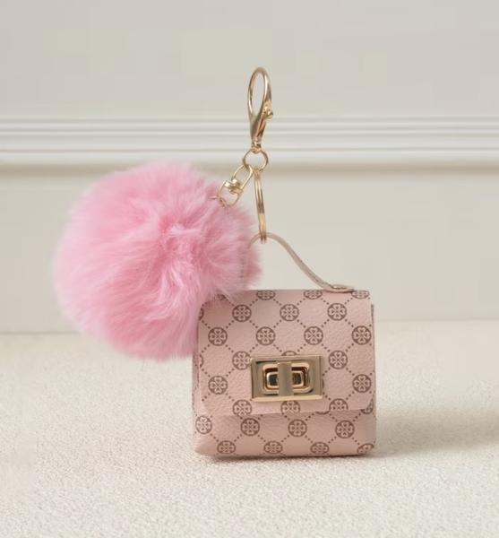 Fluffy Pompom Mini Coin Purse Keychain ~ Pink
