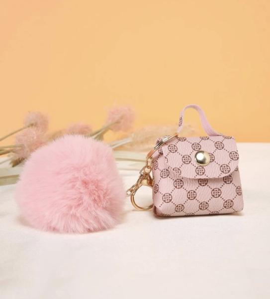 Fluffy Pompom Mini Coin Purse Keychain ~ Pink