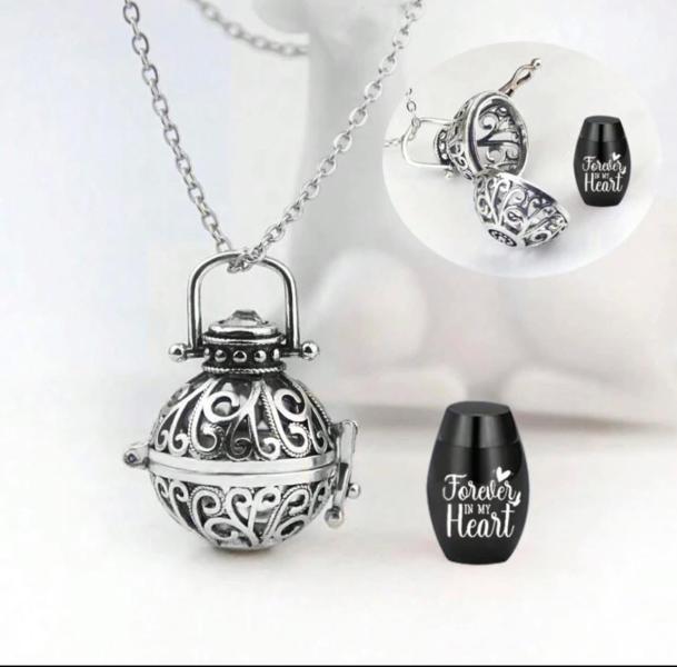 1pc Hollow Flower Urn Necklace For Ashes ~ Black 