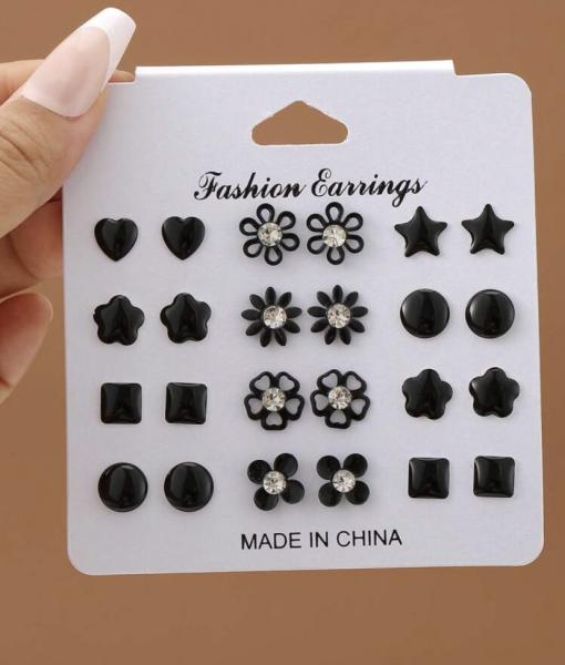 12 Pairs Heart, Star, Flower Stud Earrings ~ Black