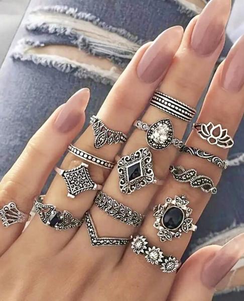 15pcs Vintage Style Ring Set ~ Black