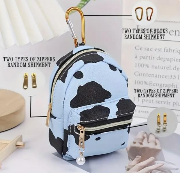 1pc Mini Cow Print Backpack Keychain ~ Blue