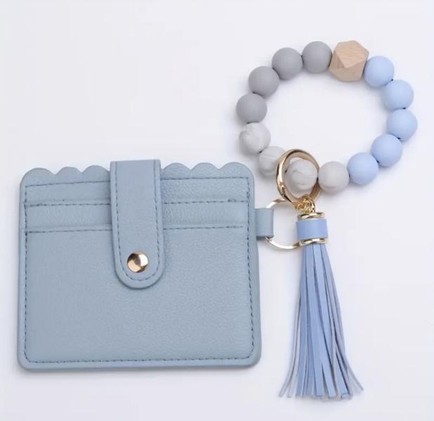1 Set Silicone Beaded Wristlet Keychain ~  Blue 