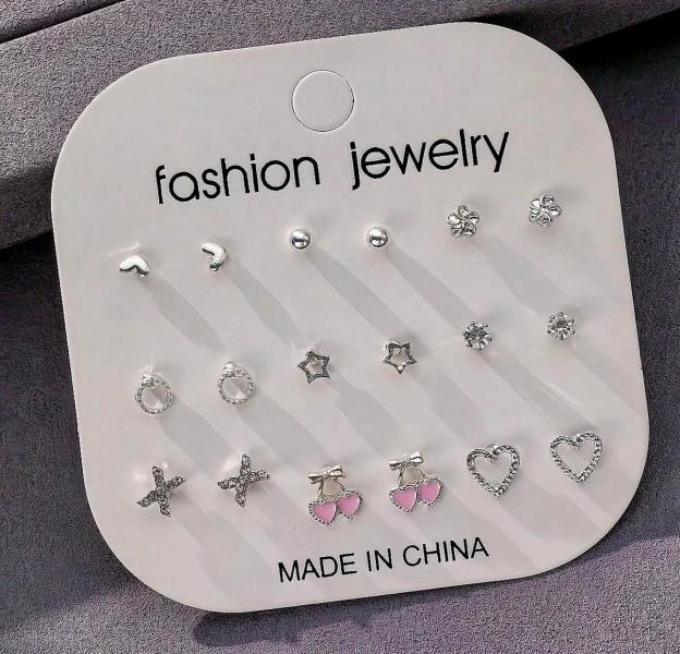 9 Pairs Silver Stud Earrings ~ Pink Cherry/Hearts