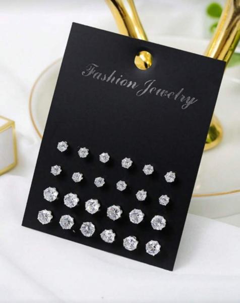 12 Pairs Glass Stud Earrings Set ~ Clear