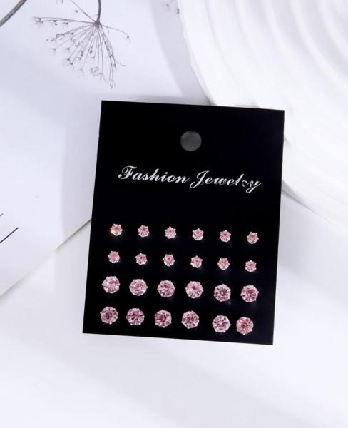 12 Pairs Imitation Zirconia Earrings ~ Pink