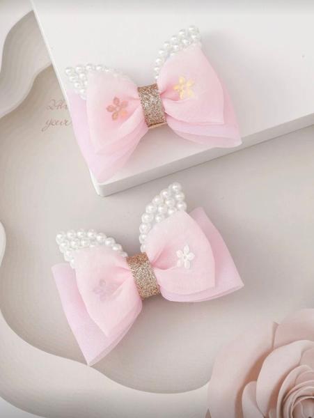 1 Pair Faux Pearl & Bow Hair Clips ~ Pink