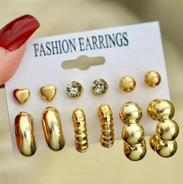 6 Pairs Geometric Gold Earrings Set