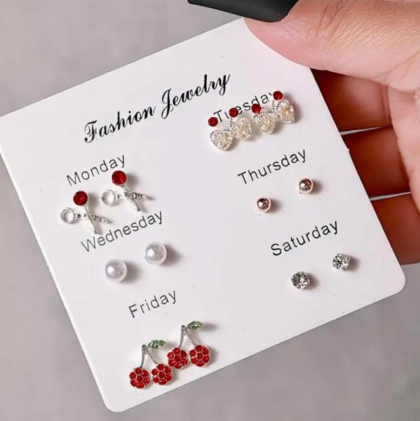 6 Pairs Elegant Rhinestone Earrings ~ Red