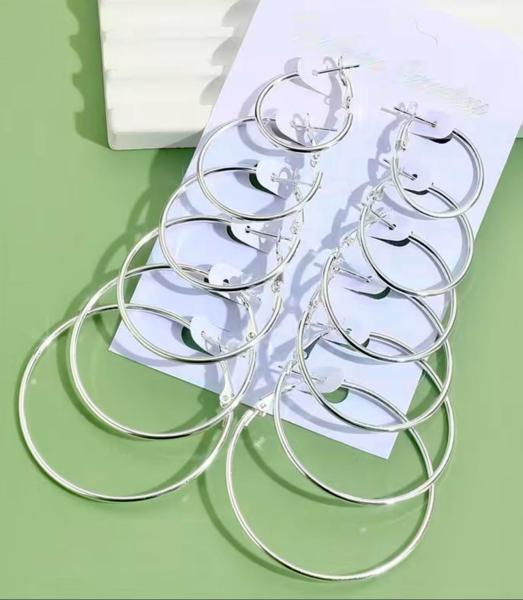 6 Pairs Silver Hoop Earrings Set