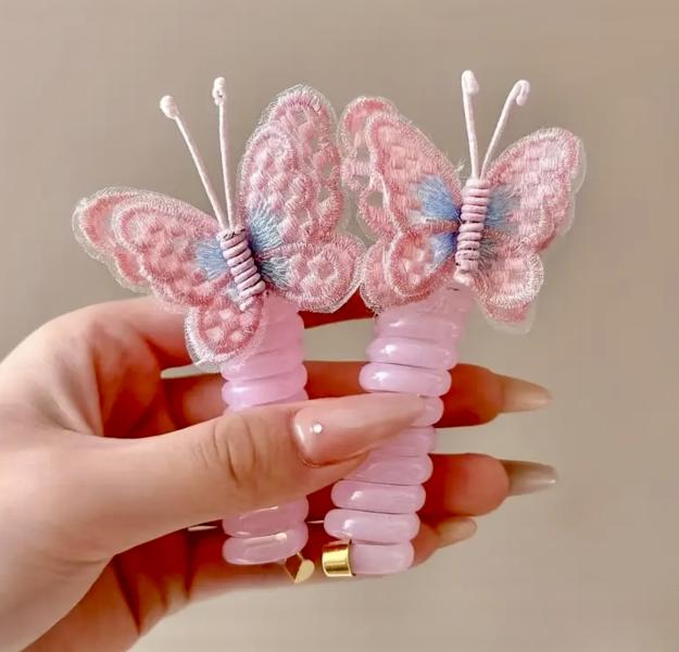2pcs Butterfly Spiral Hair Ties ~ Pink