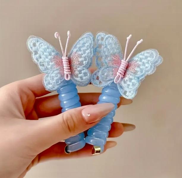 2pcs Butterfly Spiral Hair Ties ~ Blue