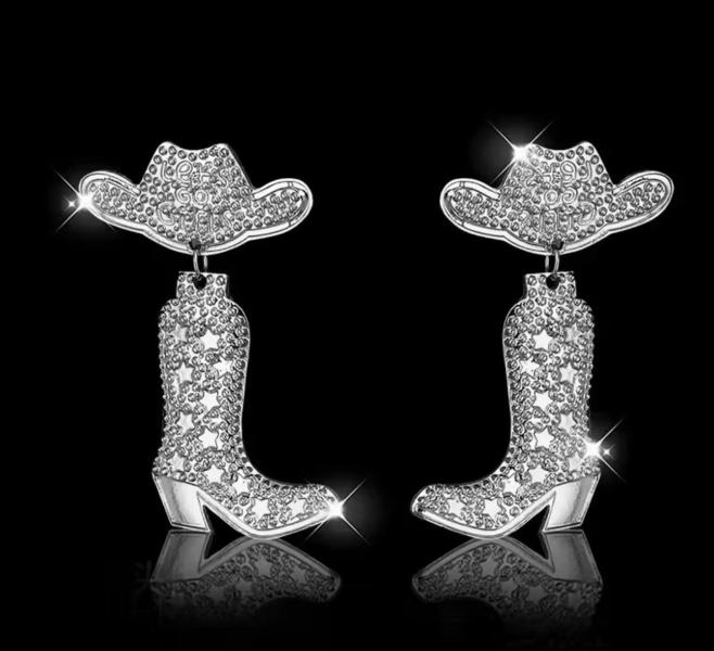 1 Pair Western Cowboy Boots Earrings ~ Silver