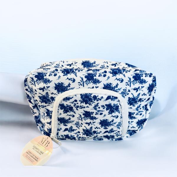 1pc Elegant Blue Floral Cosmetic Bag