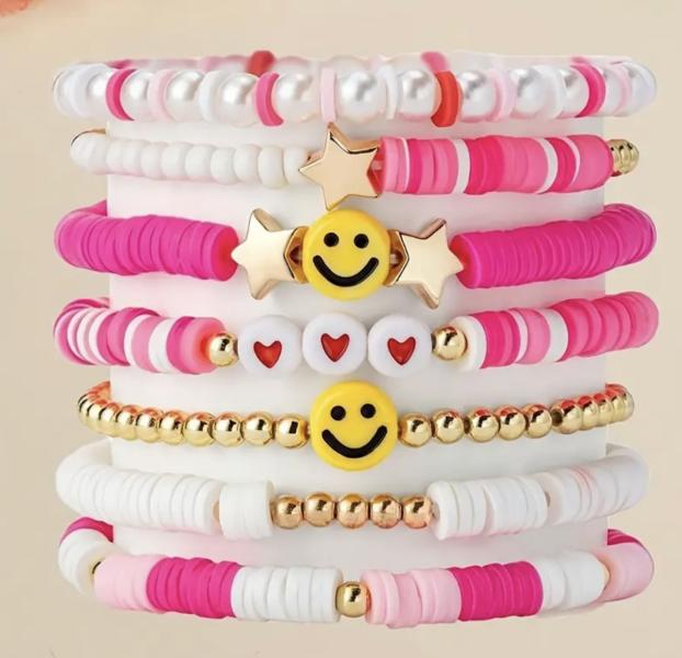 7pcs Bohemian Star Joyful Clay Bracelet ~ Pink