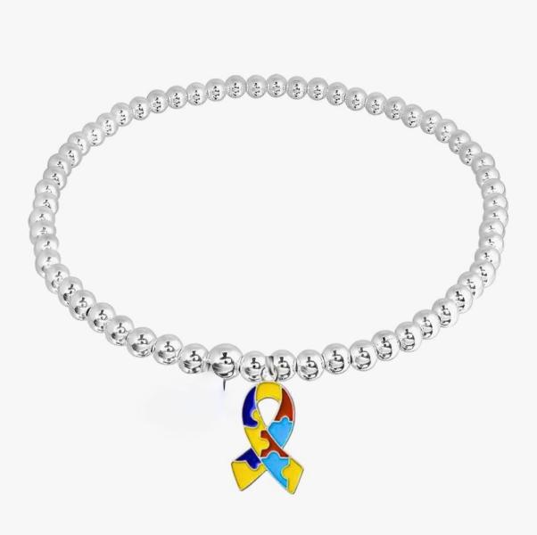 1pc Silver Beaded Autism Bracelet ~ Ribbon