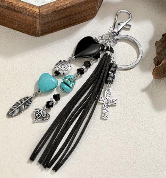 1pc Black Turquoise Heart Cross Keychain 